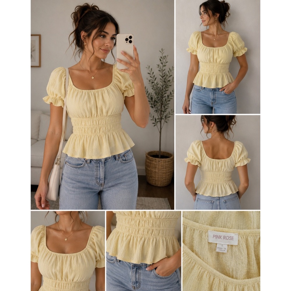 Pink Rose Yellow Smocked Peplum Top Square Neck Puff Sleeve PS4K14354 Large